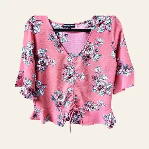 ALMOST FAMOUS Women's large gauzy floral print short Sleeve blouse. - Picture 2 of 15